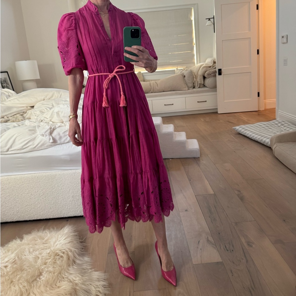 Zimmermann pink Eyelet Puff-Sleeve Maxi Dress with Tie Waist